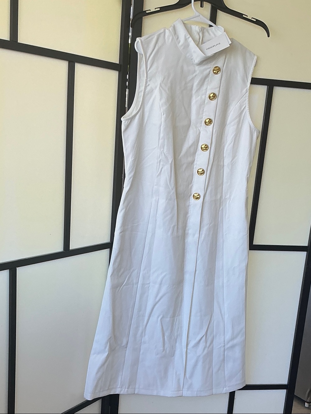 Sleeveless White Midi Dress with Gold Buttons